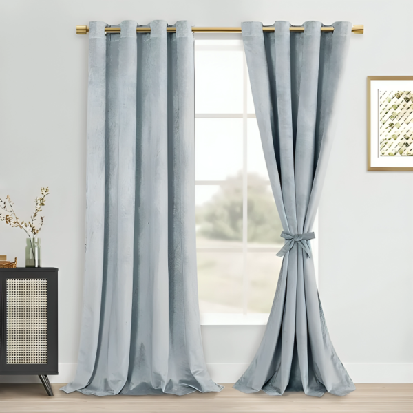 Stone Blue Velvet Curtains - 84 Inches Long Super Soft Luxury Tieable Window